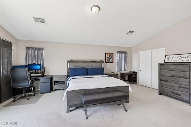 10329 Walworth Ave, Las Vegas, NV 89166 - bedroom featuring light carpet, lofted ceiling, an office area, and a closet
