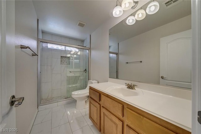9792 Crescent Lodge Ct, Las Vegas, NV 89178 - bathroom featuring marble look tile flooring, toilet, a shower stall, and vanity