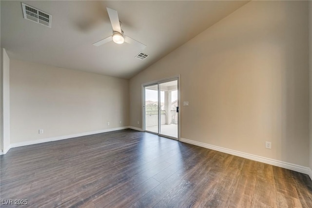 9792 Crescent Lodge Ct, Las Vegas, NV 89178 - unfurnished room featuring a ceiling fan, lofted ceiling, dark wood-type flooring, and baseboards