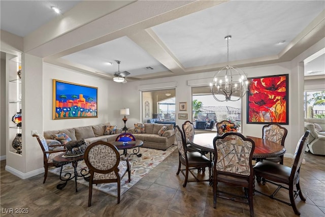 2749 Liberation Dr, Henderson, NV 89044 - living room featuring plenty of natural light, a chandelier, a raised ceiling, and a ceiling fan