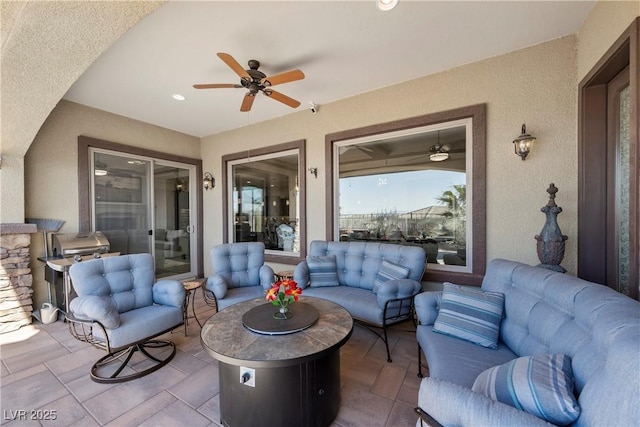 2749 Liberation Dr, Henderson, NV 89044 - view of patio / terrace featuring an outdoor hangout area, ceiling fan, and an outdoor kitchen