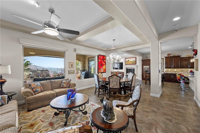 2749 Liberation Dr, Henderson, NV 89044 - living area featuring ceiling fan, a chandelier, baseboards, recessed lighting, and tile patterned flooring