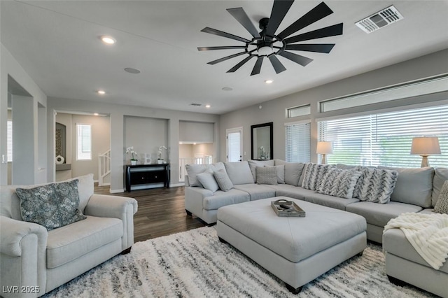 7077 Sunland Hills Ave, Las Vegas, NV 89113 - living area with a ceiling fan, recessed lighting, wood finished floors, and baseboards