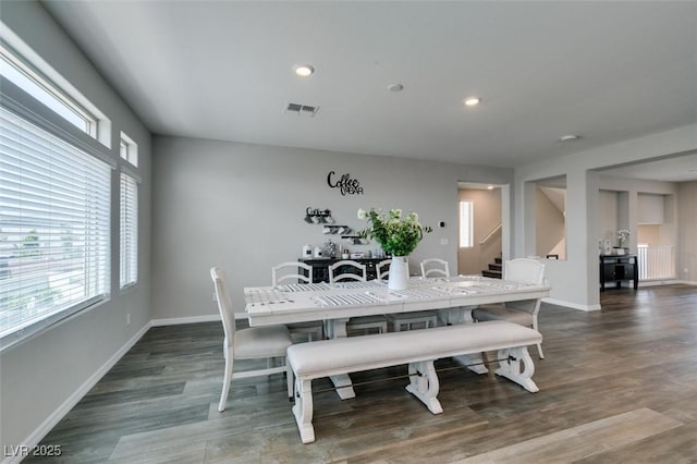7077 Sunland Hills Ave, Las Vegas, NV 89113 - dining room with stairs, baseboards, dark wood-style floors, and recessed lighting
