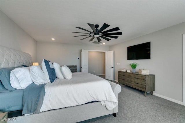 7077 Sunland Hills Ave, Las Vegas, NV 89113 - bedroom with recessed lighting, ceiling fan, baseboards, and light carpet