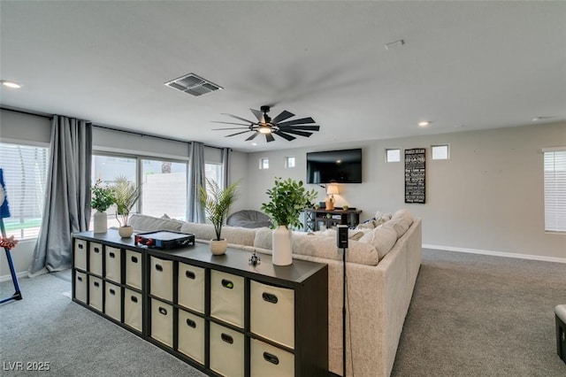 7077 Sunland Hills Ave, Las Vegas, NV 89113 - living room featuring carpet, baseboards, recessed lighting, and ceiling fan