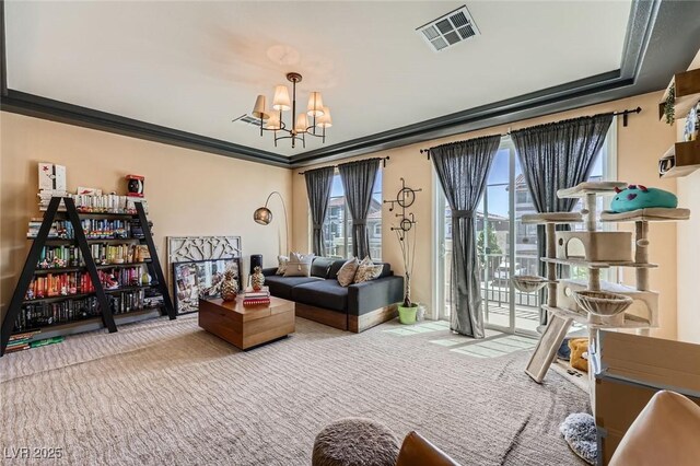 8121 Russell Creek Ct, Las Vegas, NV 89139 - carpeted living room with a chandelier and crown molding