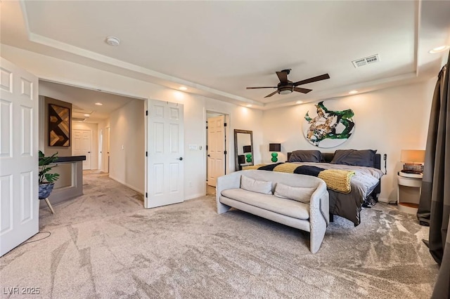 8121 Russell Creek Ct, Las Vegas, NV 89139 - carpeted bedroom featuring recessed lighting, a tray ceiling, ceiling fan, and baseboards