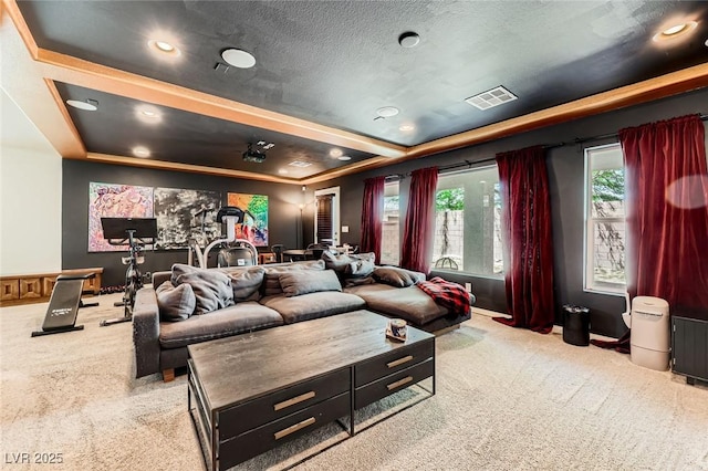 8121 Russell Creek Ct, Las Vegas, NV 89139 - home theater room featuring a tray ceiling, carpet flooring, recessed lighting, and baseboards