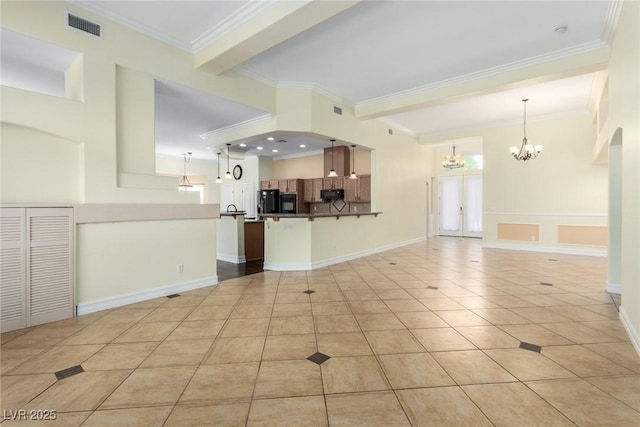6779 Rainstorm Ridge Ave, Las Vegas, NV 89131 - unfurnished living room with a chandelier, ornamental molding, and light tile patterned floors