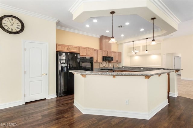 6779 Rainstorm Ridge Ave, Las Vegas, NV 89131 - kitchen with black appliances, a kitchen bar, crown molding, a large island with sink, and dark wood-style flooring