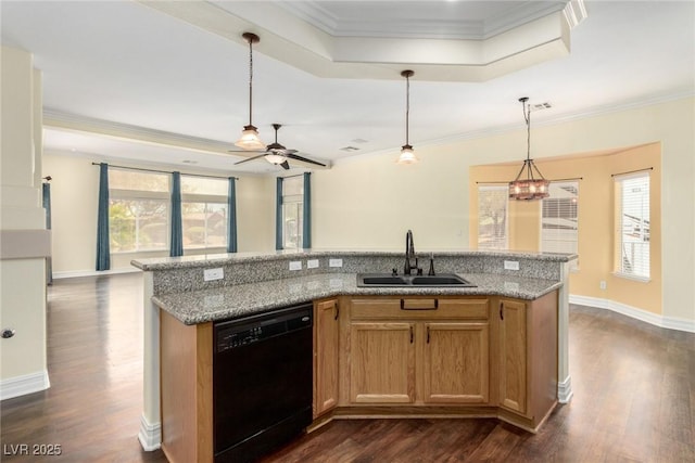 6779 Rainstorm Ridge Ave, Las Vegas, NV 89131 - kitchen featuring dishwasher, a sink, a tray ceiling, ceiling fan, and dark wood-style flooring