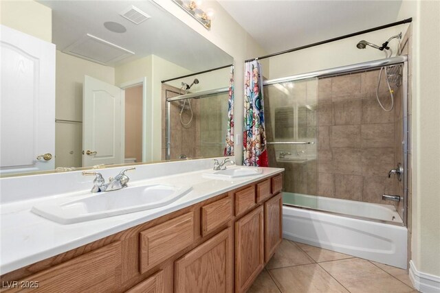 6779 Rainstorm Ridge Ave, Las Vegas, NV 89131 - full bathroom with tile patterned floors, shower / bathtub combination with curtain, and double vanity