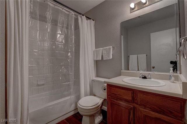 573 Sellers Pl, Henderson, NV 89011 - full bathroom with shower / tub combo with curtain, toilet, vanity, and wood finished floors