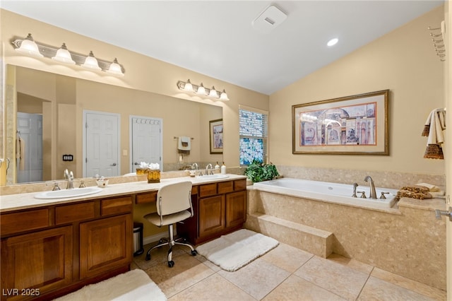 5940 Vizzi Ct, Las Vegas, NV 89131 - full bathroom featuring double vanity, tile patterned floors, a garden tub, and lofted ceiling