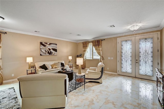 8223 Saddleback Ledge Ave, Las Vegas, NV 89147 - living area with french doors, crown molding, and baseboards