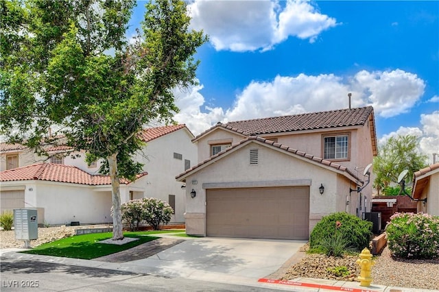 3717 Shanagolden St, Las Vegas, NV 89129 - mediterranean / spanish-style house featuring a tiled roof, an attached garage, concrete driveway, stucco siding, and central air condition unit
