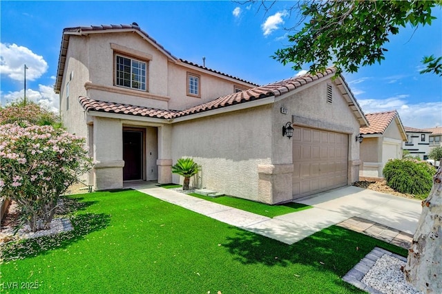 3717 Shanagolden St, Las Vegas, NV 89129 - mediterranean / spanish house featuring a tiled roof, stucco siding, an attached garage, a front yard, and concrete driveway