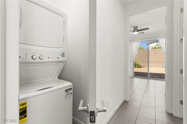 767 Tallgrass St, Las Vegas, NV 89138 - washroom featuring stacked washer / dryer, a ceiling fan, and baseboards