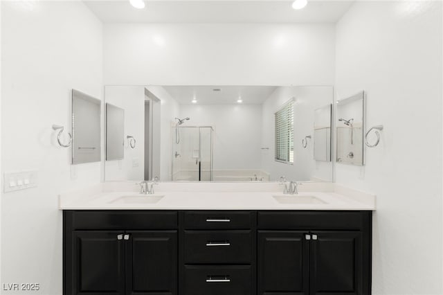 767 Tallgrass St, Las Vegas, NV 89138 - full bath featuring a shower stall, double vanity, and recessed lighting