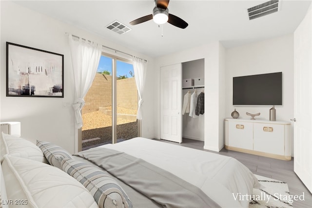 767 Tallgrass St, Las Vegas, NV 89138 - bedroom with access to outside, light wood finished floors, a closet, a ceiling fan, and baseboards