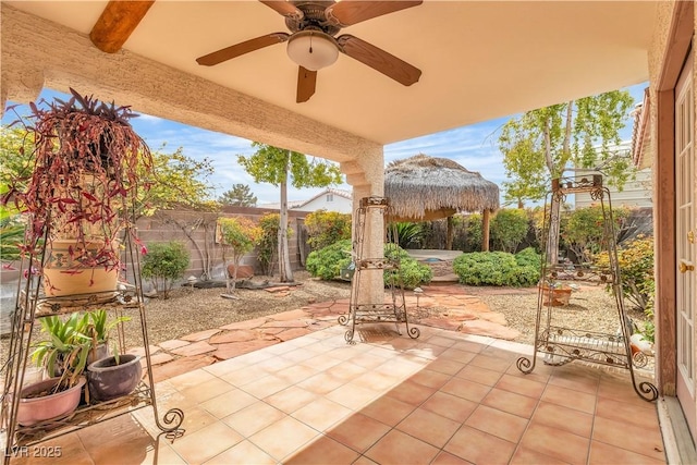 6405 Break Point Ave, Las Vegas, NV 89130 - fenced backyard featuring a patio area, a jacuzzi, and ceiling fan