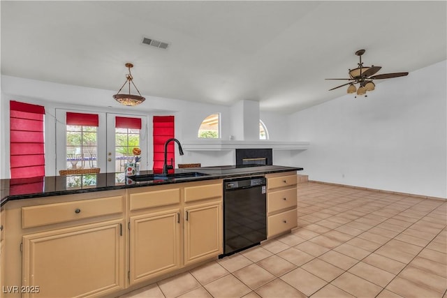 6405 Break Point Ave, Las Vegas, NV 89130 - kitchen with black dishwasher, a sink, ceiling fan, french doors, and dark countertops