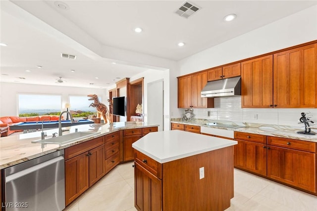 20 Kittansett Loop, Henderson, NV 89052 - kitchen with under cabinet range hood, dishwasher, open floor plan, a sink, and black electric stovetop