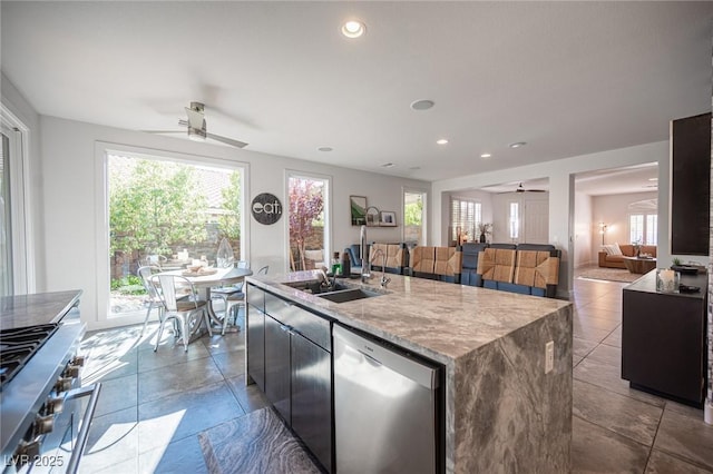 340 Autumn Palace Ct, Las Vegas, NV 89144 - kitchen with appliances with stainless steel finishes, a ceiling fan, healthy amount of natural light, and recessed lighting