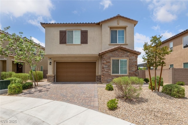 9839 Berkley Brook Ct, Las Vegas, NV 89141 - view of front of property featuring stone siding, a garage, stucco siding, and a tile roof