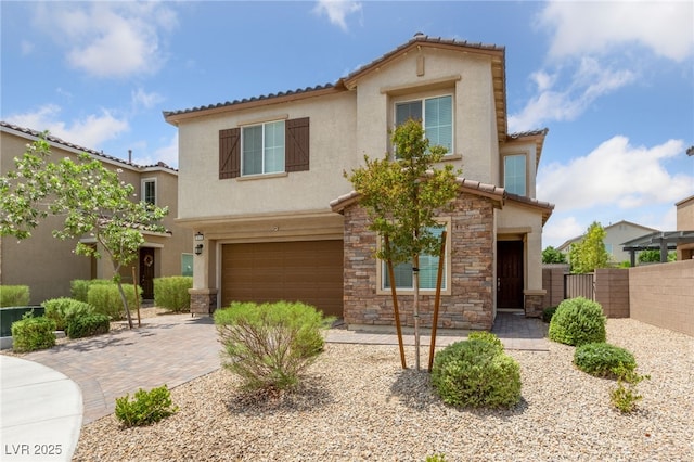 9839 Berkley Brook Ct, Las Vegas, NV 89141 - view of front facade featuring a garage, stone siding, stucco siding, decorative driveway, and a tiled roof