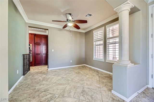4750 Fiore Bella Blvd, Las Vegas, NV 89135 - unfurnished room with decorative columns, ceiling fan, ornamental molding, and light marble finish floors