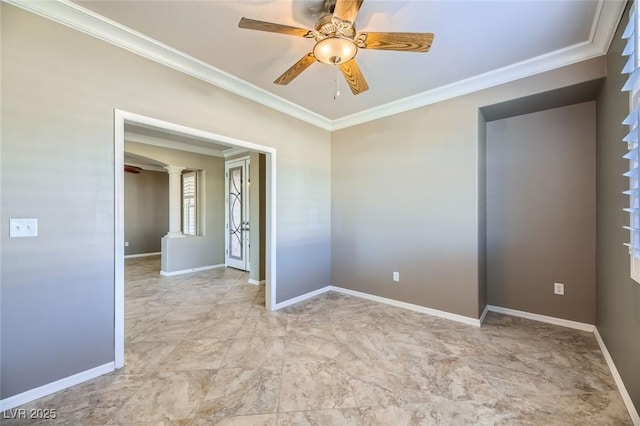 4750 Fiore Bella Blvd, Las Vegas, NV 89135 - empty room featuring crown molding, decorative columns, and ceiling fan