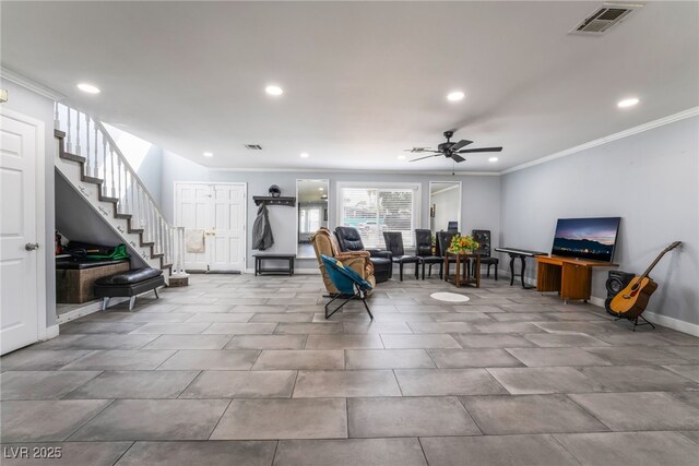 3400 Sioux Way, Las Vegas, NV 89169 - living room with a ceiling fan, stairs, recessed lighting, ornamental molding, and baseboards