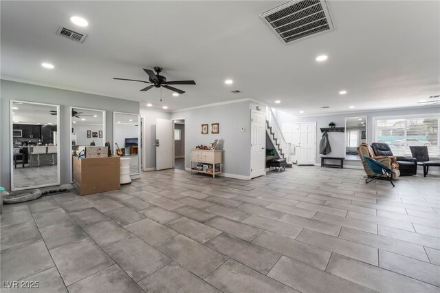 3400 Sioux Way, Las Vegas, NV 89169 - living area with ceiling fan, recessed lighting, stairway, crown molding, and baseboards