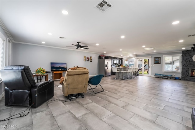 3400 Sioux Way, Las Vegas, NV 89169 - living room with ornamental molding, recessed lighting, and a ceiling fan