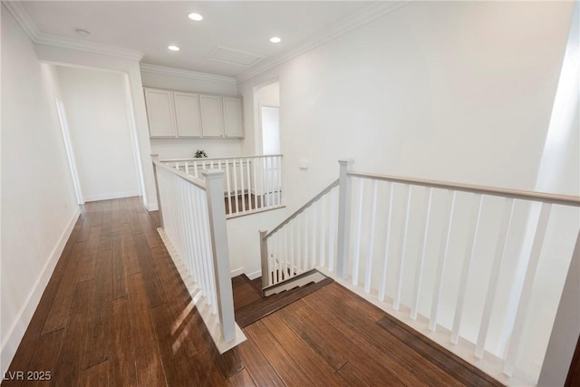 7466 Matilda St, Las Vegas, NV 89113 - hall featuring an upstairs landing, dark wood-style floors, recessed lighting, crown molding, and baseboards