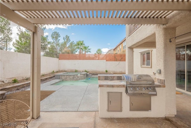 7466 Matilda St, Las Vegas, NV 89113 - fenced backyard featuring a patio area, a pergola, and a pool with connected hot tub