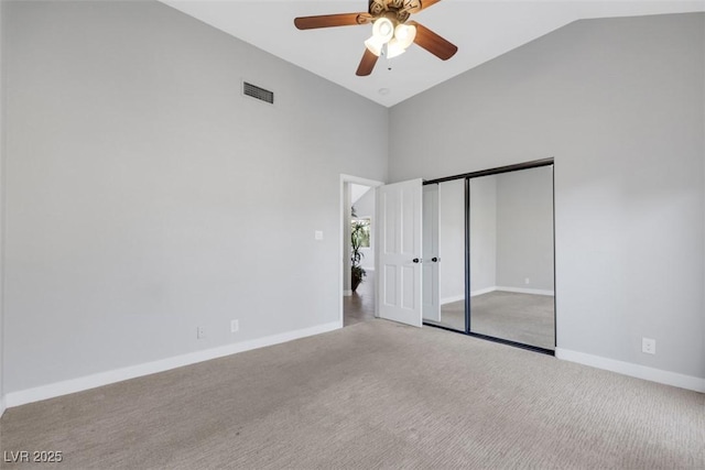 5008 Shoal Creek Cir, Las Vegas, NV 89113 - unfurnished bedroom with carpet flooring, high vaulted ceiling, baseboards, a closet, and a ceiling fan