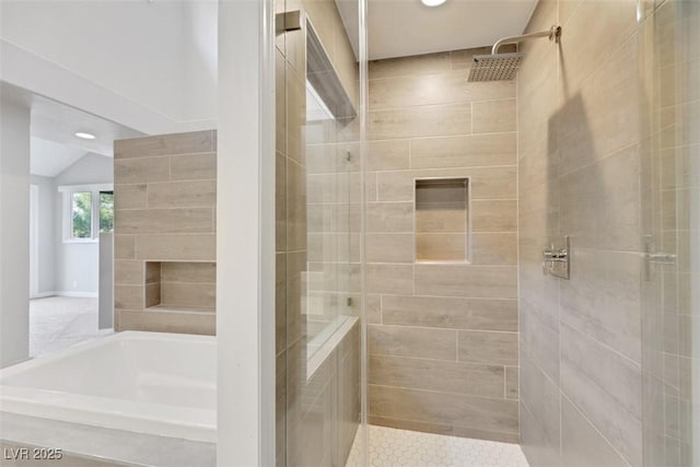 5008 Shoal Creek Cir, Las Vegas, NV 89113 - bathroom featuring a shower stall, a garden tub, vaulted ceiling, and recessed lighting
