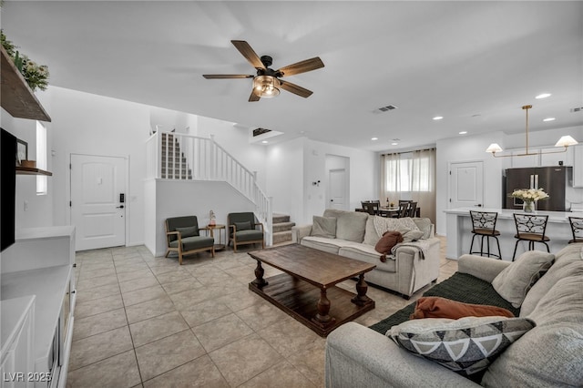 8055 Tank Loop St, Las Vegas, NV 89166 - living room featuring stairway, ceiling fan, recessed lighting, and light tile patterned floors