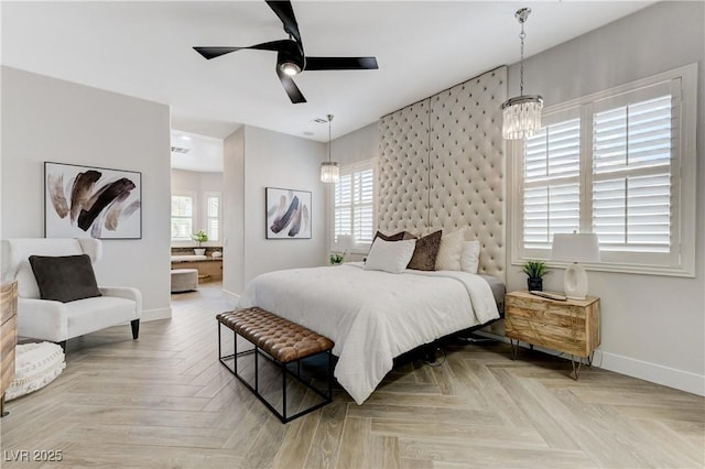 2168 Big Bar Dr, Henderson, NV 89052 - bedroom featuring baseboards, a chandelier, recessed lighting, and a ceiling fan