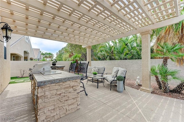 2168 Big Bar Dr, Henderson, NV 89052 - fenced backyard featuring a patio, outdoor lounge area, and a pergola