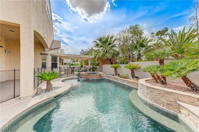 2168 Big Bar Dr, Henderson, NV 89052 - view of swimming pool featuring a patio area, a fenced backyard, and a pool with connected hot tub