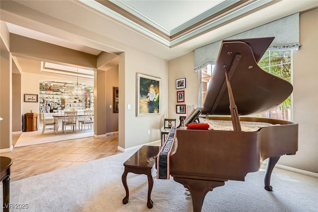 4719 Riva De Romanza St, Las Vegas, NV 89135 - living area with tile patterned flooring, carpet floors, a raised ceiling, and crown molding