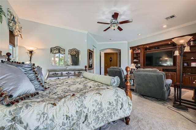 4719 Riva De Romanza St, Las Vegas, NV 89135 - bedroom featuring arched walkways, carpet floors, ornamental molding, and a ceiling fan