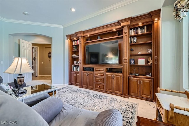 4719 Riva De Romanza St, Las Vegas, NV 89135 - living room featuring arched walkways, crown molding, and recessed lighting