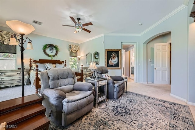 4719 Riva De Romanza St, Las Vegas, NV 89135 - bedroom with arched walkways, crown molding, carpet, and ceiling fan