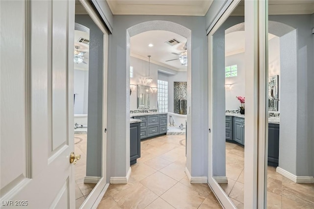 4719 Riva De Romanza St, Las Vegas, NV 89135 - full bath with ceiling fan, crown molding, vanity, and tile patterned floors