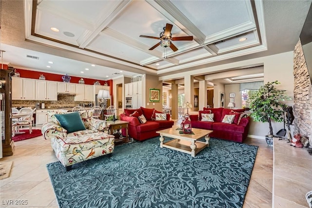 4719 Riva De Romanza St, Las Vegas, NV 89135 - living room featuring ornamental molding, ceiling fan, coffered ceiling, and recessed lighting